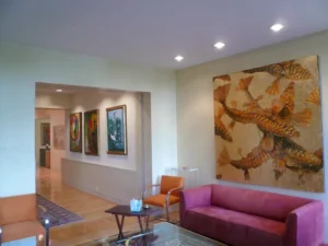 Installation shot of Golden Rhythm, 84″H x 72’W, mixed media on carved wood, Jack Wolgin’s Philadelphia residence