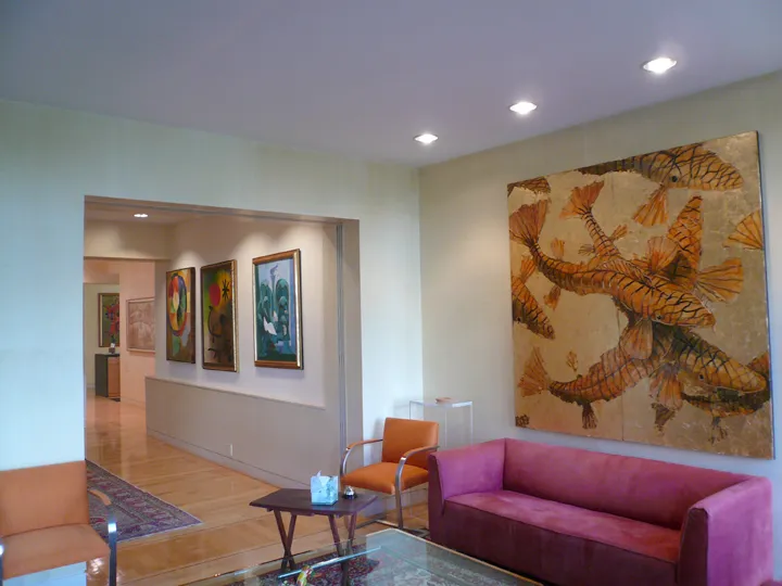 Installation shot of Golden Rhythm, 84″H x 72’W, mixed media on carved wood, Jack Wolgin’s Philadelphia residence